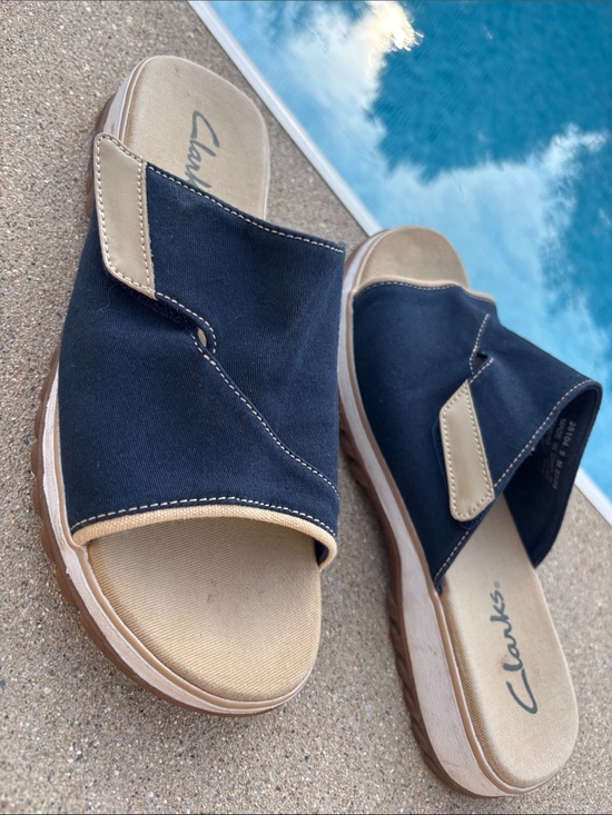Clarks Shoes - Clark’s Comfort Canvas Slip On Velcro Navy Slip-On Cushioned Sandals 9 9.5 10